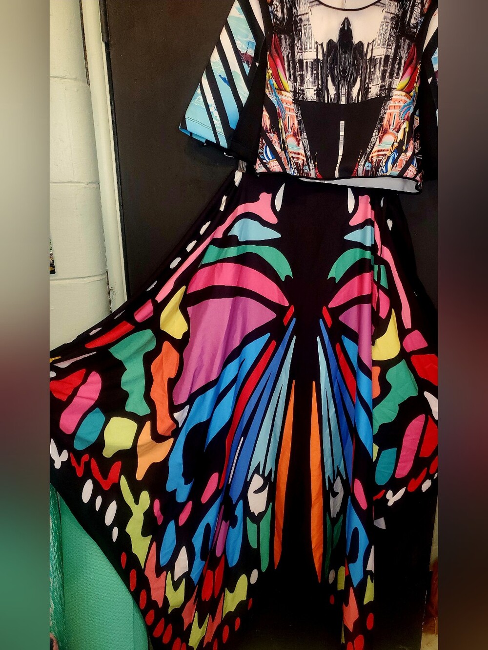 Butterfly Print Multicolor Cape And A Free Crop Top